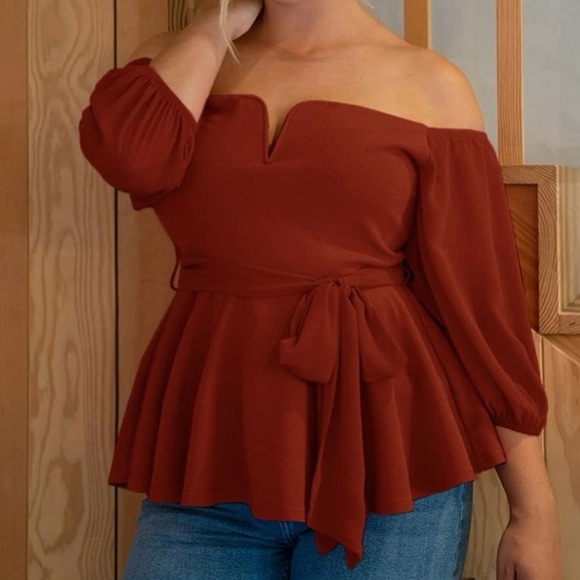 Tops - Boho plus  burgundy off shoulder peplum blouse